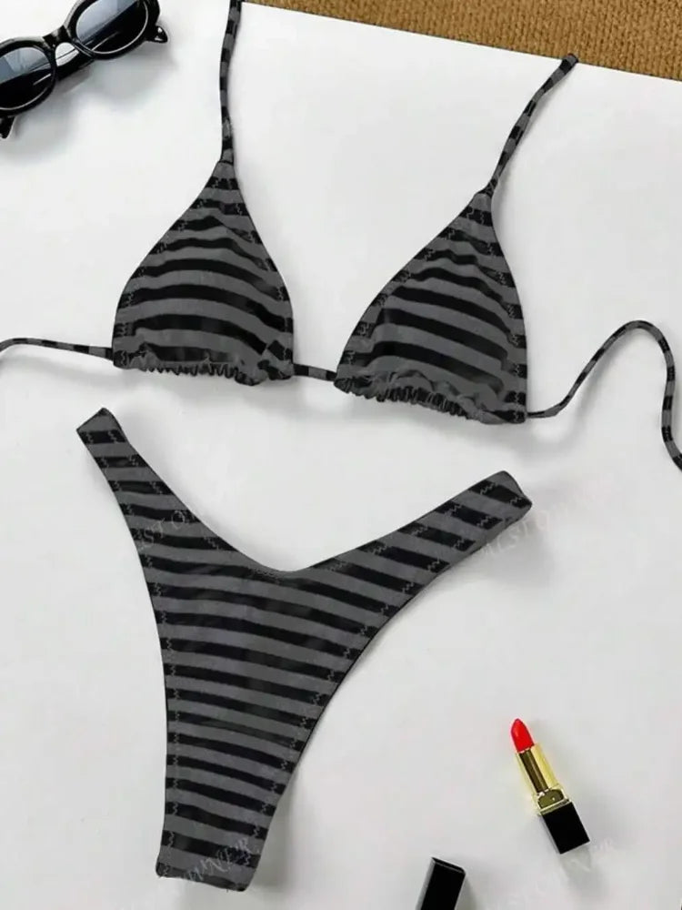 2025 New Beach Vacation Fashion Personality ins Style Bikini Suit Y2K Sexy Hot Girls Striped Printed Triangle Lingerie Underwear