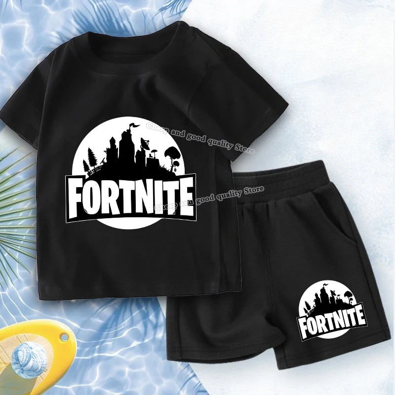 FORTNITED Anime Boy Summer T-shirt Set Kid Cotton Clothes 2pcs Short Baby Tops +Shorts Set Tee Sport Tracksuit Summer Outfits