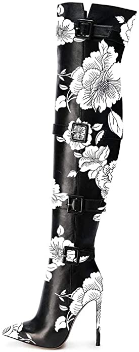 Pointed Toe Buckled Strappy Thigh High Boot