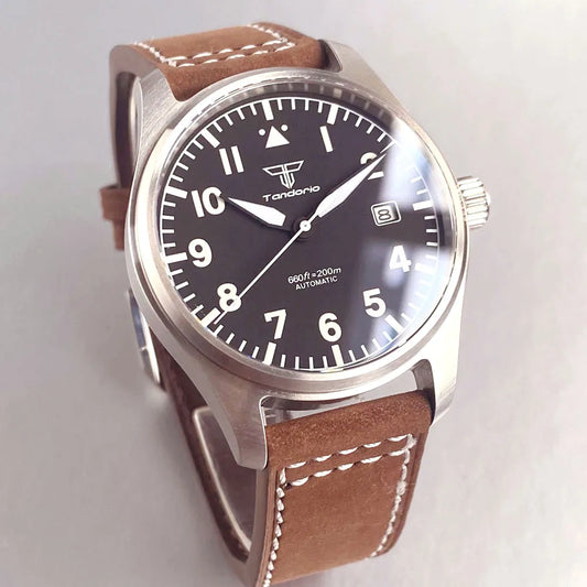 Customized 39mm Classic Pilot Watch Black Dial Sapphire Crystal Automatic Men's PT5000 Miyota 8215 Mechanical Movement Watches
