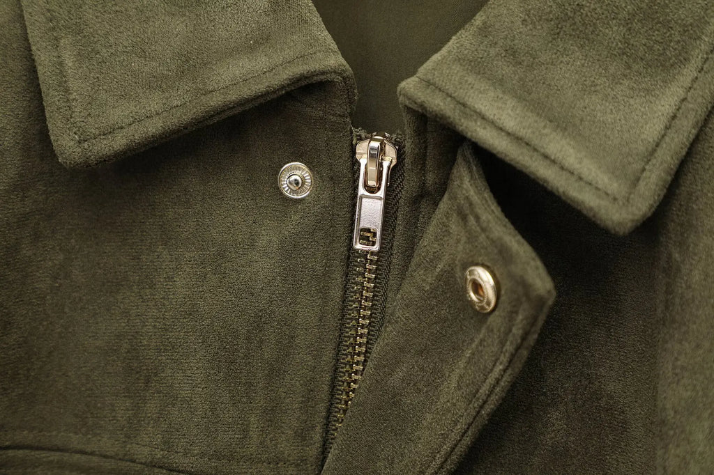 Spring Streetwear Bomber Jacket ZipperWomen Casual Loose Turn-down Collar Green Long Sleeve Bomber Coat Chic Outerwear Tops