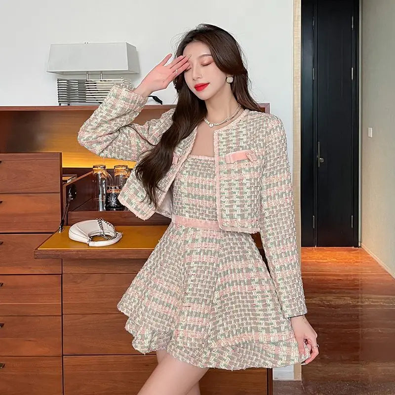 Sweet Girl Fashion Two Piece Sets Autumn New Small Fragrant Style Pink Tweed Short Coat+Suspender Dress Elegant Set