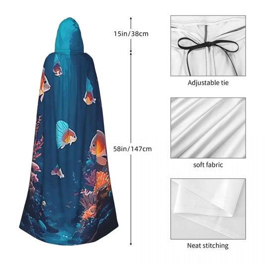 Underwater World Tropical Fish Long Hooded Cloak Witch Medieval Costume Cosplay Cape HalloweenCoat Adult Unisex