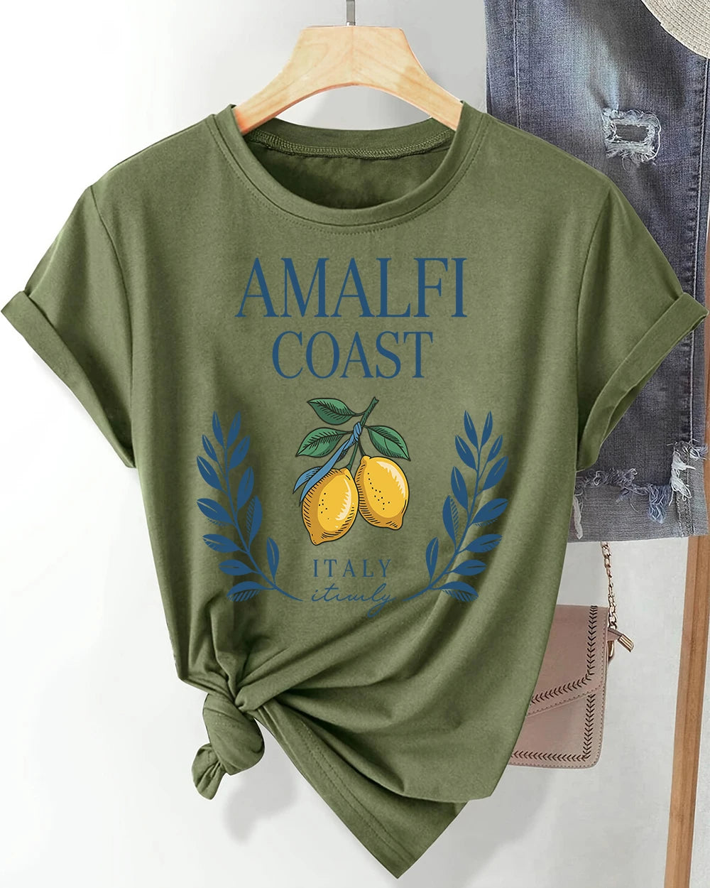 Amalfi Coast Lemon From Italy Printing Retro T-Shirts Women Breathable O-Neck Tee All-Match Soft Top Casual Female Short Sleeve