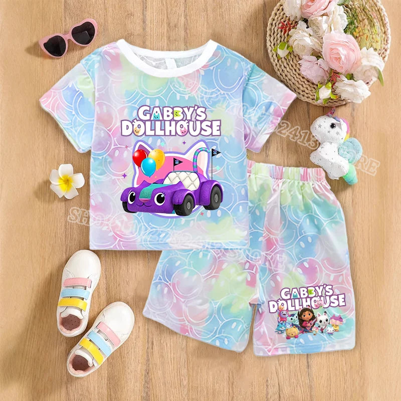 2pcs Gabby Dollhouse Sets Summer Breathable Sweat Absorbent Kids Clothes Baby Girls Kawaii anime Smile Short Sleeve Thin Suit