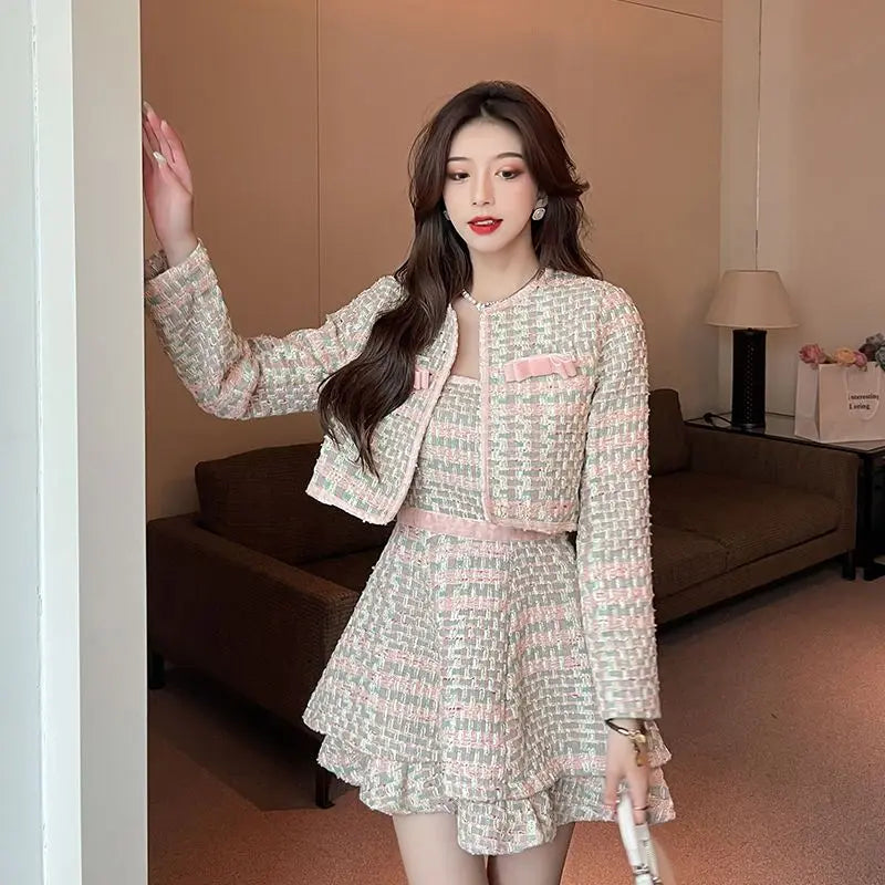 Sweet Girl Fashion Two Piece Sets Autumn New Small Fragrant Style Pink Tweed Short Coat+Suspender Dress Elegant Set