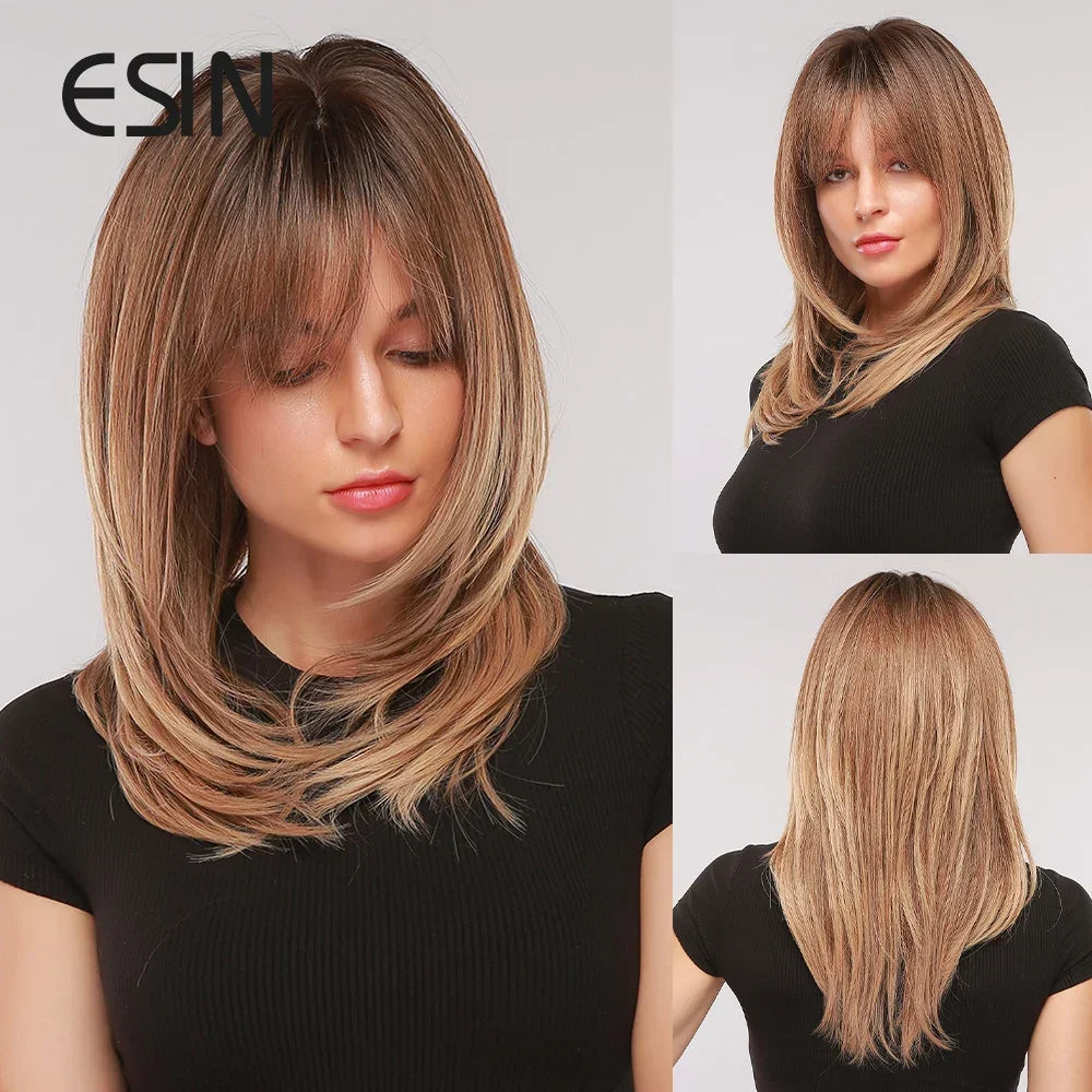 ESIN Synthetic Dark Brown Wig Long Wave Wigs for Women Hair Wig With Bangs Heat Resistant Party Daily Natural Use