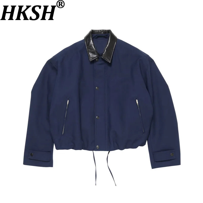 HKSH Spring Autumn New Man Tide Short Wide Fit Black Sheepskin Collar Safari Style Short Jacket Patchwork Chic Ins Coats HK11188