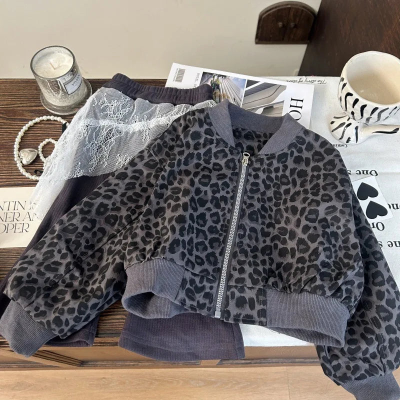 Korean Children Clothing 2025 New Autumn Girls Leopard Print Coat Children Stylish Fart Curtain Lace Flared Pants Two-piece Set
