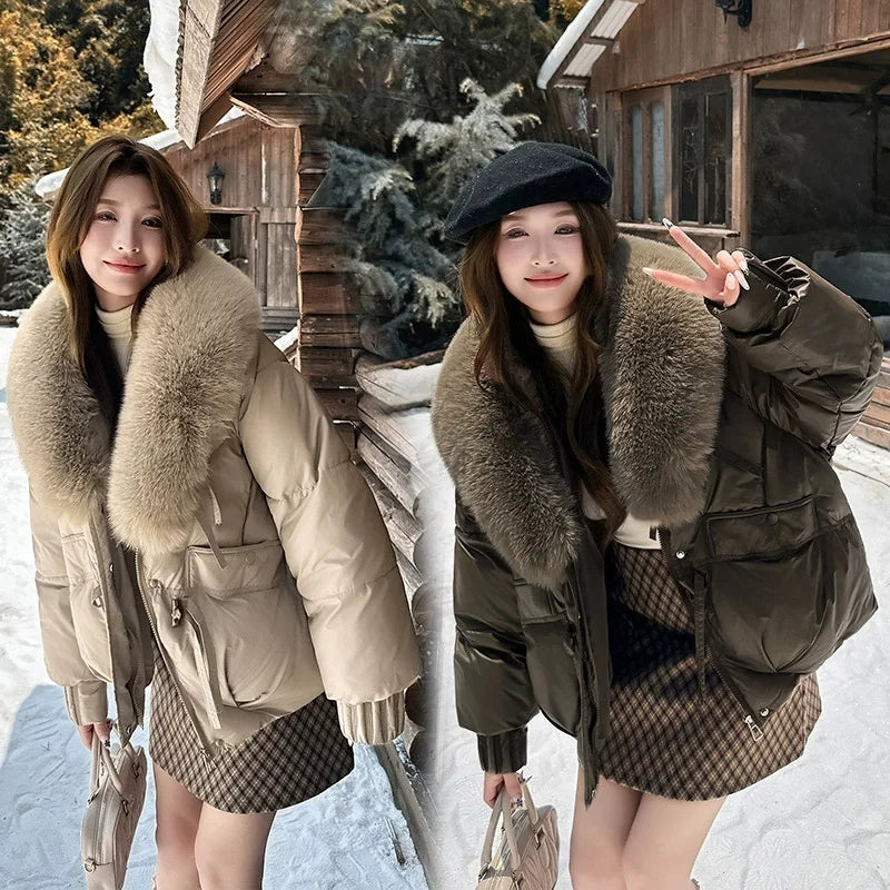 Winter Women Down Cotton Coat Street Imitation Fur Collar Hooded Short Cotton Padded Jacket Female Basic Snow Warm Overcoat 2025