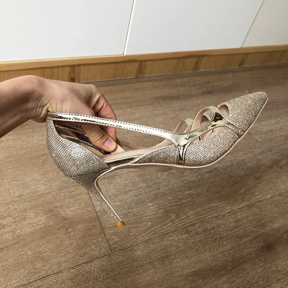 Veowalk 12cm 10cm Gold Glitter Women Sexy D'Orsay High Heels Ladies Bride Wedding Shoes Shiny Sparkle Pointed Toe Stiletto Pumps