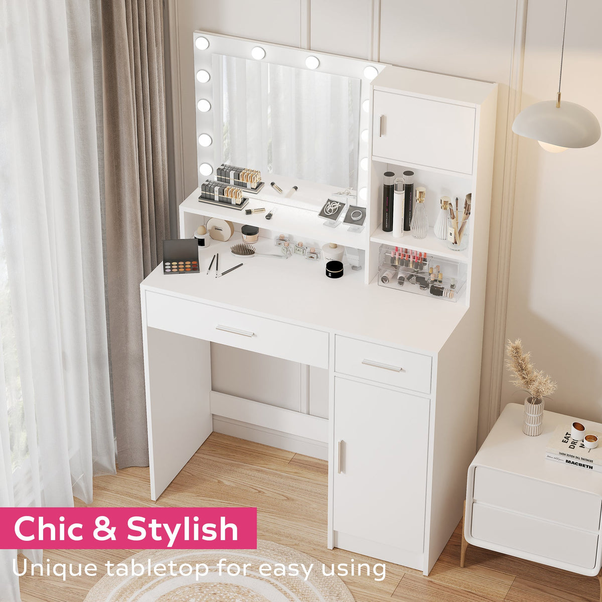 White Vanity Dressing Table with Lighted Mirror, Large Drawer and