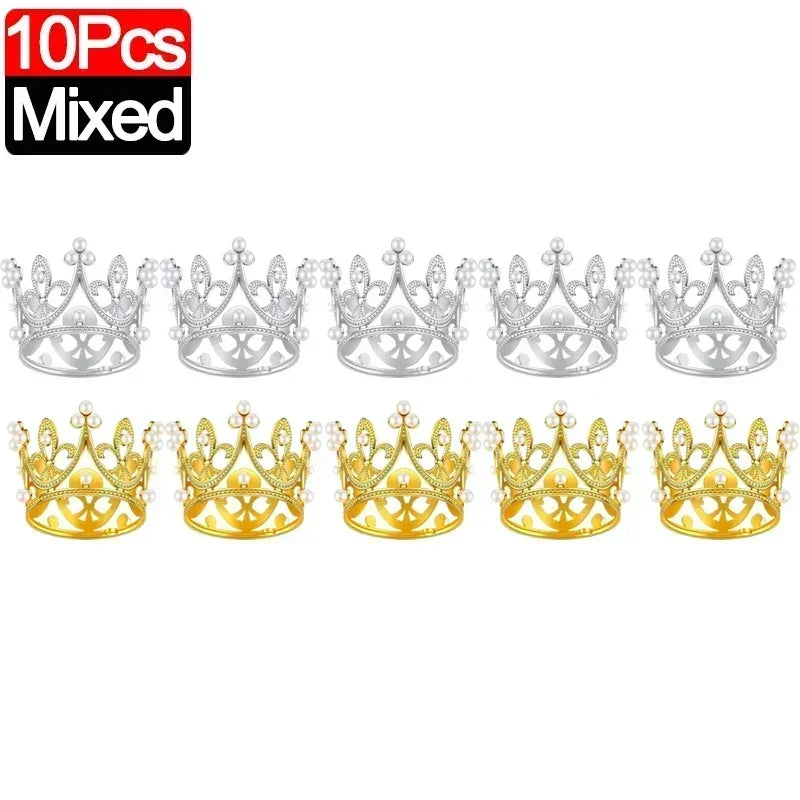 20/1Pcs Mini Crown Cake Decoration Pearl Tiara Gold Silver Crowns Cake Topper for Children Hair Ornaments Wedding Birthday Party