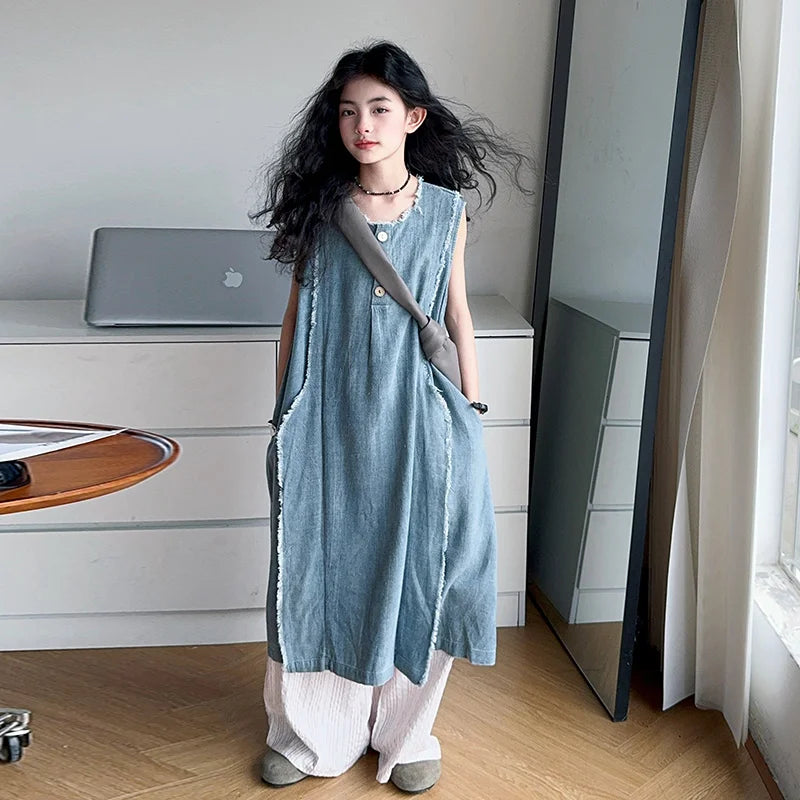 Loose Style Kids Luxury Summer Denim Dresses for Teenage Girl High Fashion Street Outfits Children Casual Sleeveless Jeans Dress