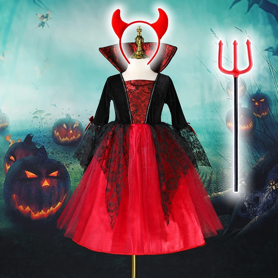 Baby Girls Halloween Witch Costume Children Cosplay Vampire Princess Dresses Kids Dress Up Clothes With Hat Carnival Party Gift