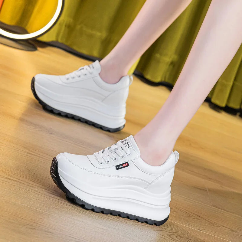 8CM Heel Sneakers Genuine Leather White Platform Sneakers for Women Chunky Platform Women New Fashion Sneaker Shoes Wedge Heel