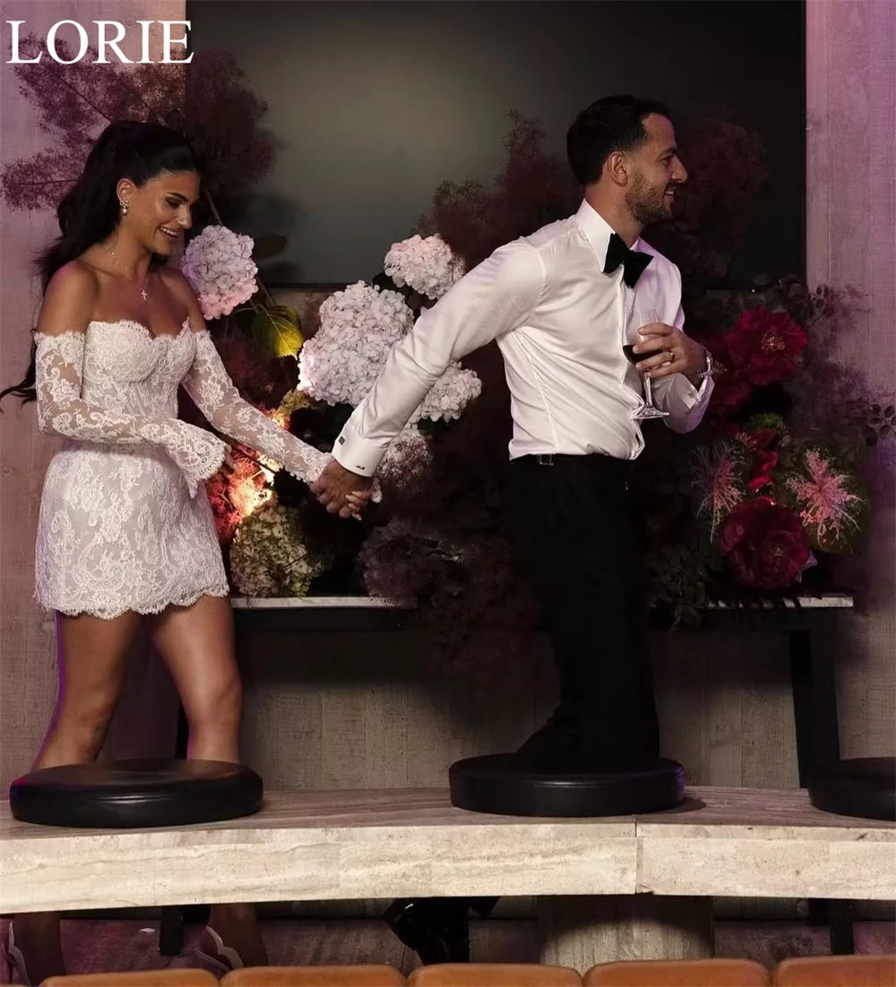 LORIE Sexy Short Lace Wedding Dresses Strapless Mermaid Full Sleeves Mini Bride Prom Gown 2025 Romantic Bridal Gowns Customized