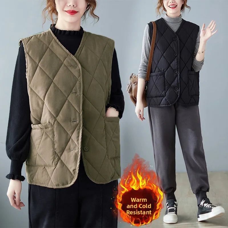 Loose V-Ne Ladies Jaet Vest Large Size Open Ba Cotton Fabric Faionable Diamond Patterned Autumn New Sle 2025