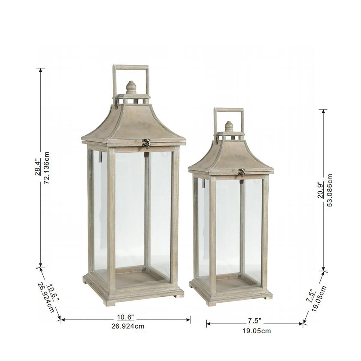 Set of 2 Ivory Wood & Glass Candle Lanterns