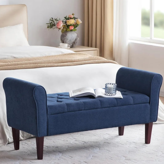 50.4" Arm Storage Bench with 7.5-inch Solid Wood Legs, Button-Tufted Storage Ottoman, Upholstered Window