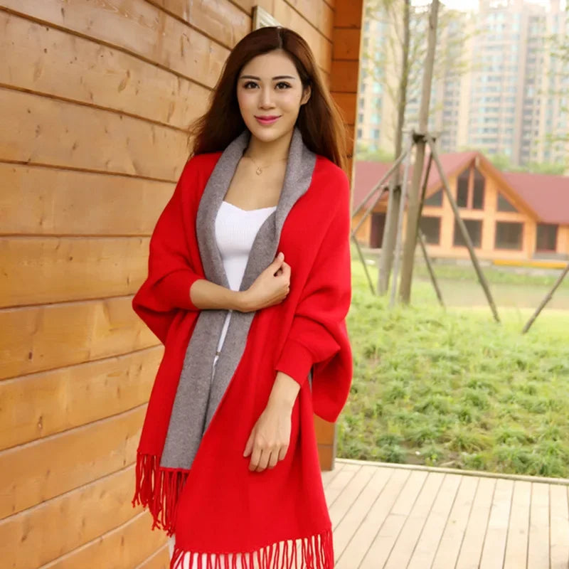 New Colors Black Women Outstreet Loose Knitwear Capes Solid Autumn Winter Knitted Batwing Sleeves Long Poncho Female Tassel Coat