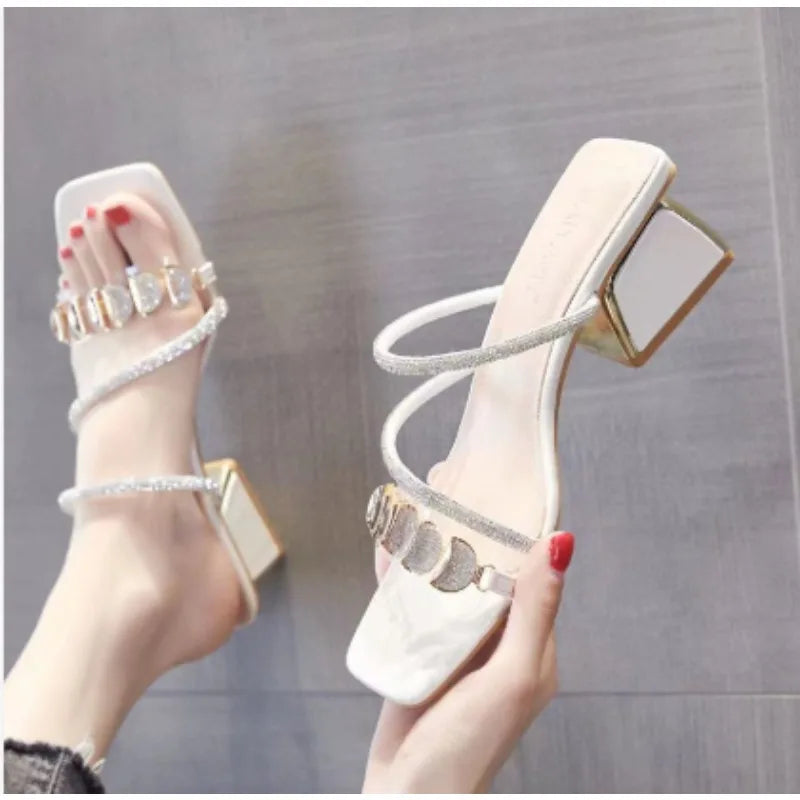 2025 New Women's Fashionable Rhinestone High-heeled Sandals Summer Women's Sexy Sandals Women's Leather Sandals Plus Size