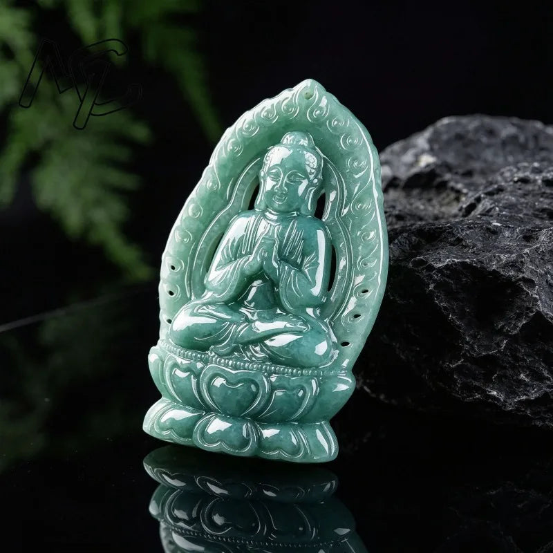 Natural A Grade Burmese Blue Water Jadeite Pendant Hand Carved Sakyamuni Buddha Amulet Jade Buddha Necklace Charm Jewelry Gift