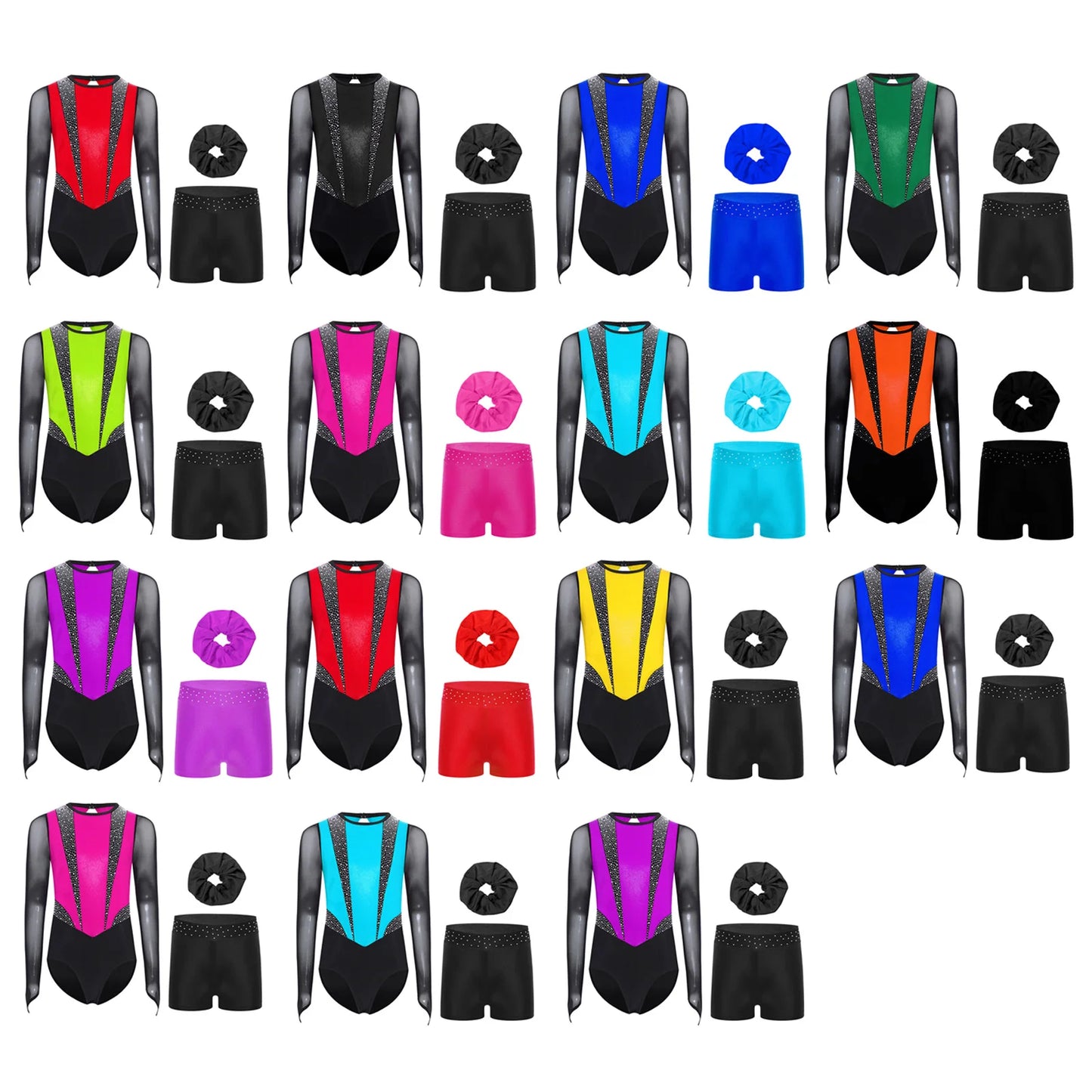 Kids Girls Ballet Gymnastics Sets Sports Tracksuit Figure Skating Dancewear Long Sleeves Rhinestones Leotard with Shorts Suit
