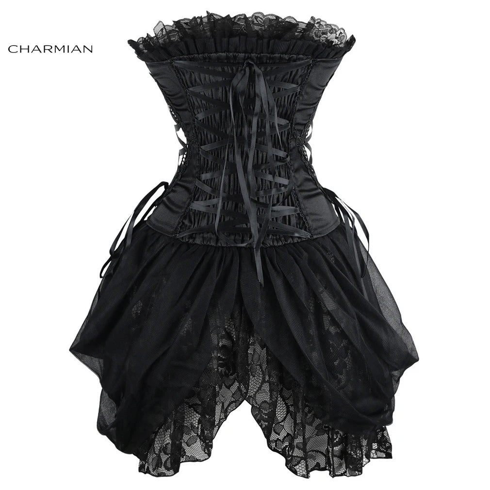 Charmian Burlesque Corset Fantasy Women Sexy Gothic Strapless Floral Lace Plus Size Lace Up Corset with Skirt Bustier Lingerie