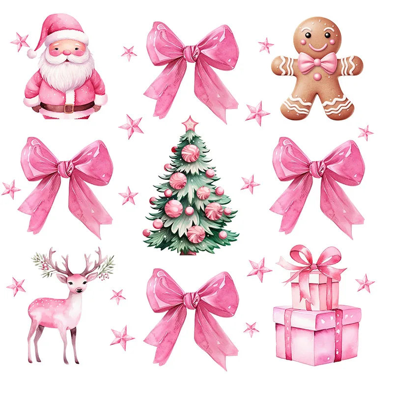 Pink Merry Christmas Bow Santa Claus Heat Transfer Patch Sticke Iron-On Decals T-shirts Sweatshirts Clothing Fabric Winter Decor