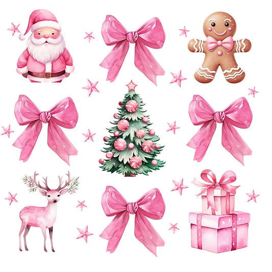 Pink Merry Christmas Bow Santa Claus Heat Transfer Patch Sticke Iron-On Decals T-shirts Sweatshirts Clothing Fabric Winter Decor