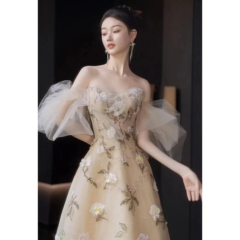 Super Fairy flower off-Shoulder High-End Evening Dress Host Performance Light Luxury Bride Engagement 15 Quinceanera Dresses