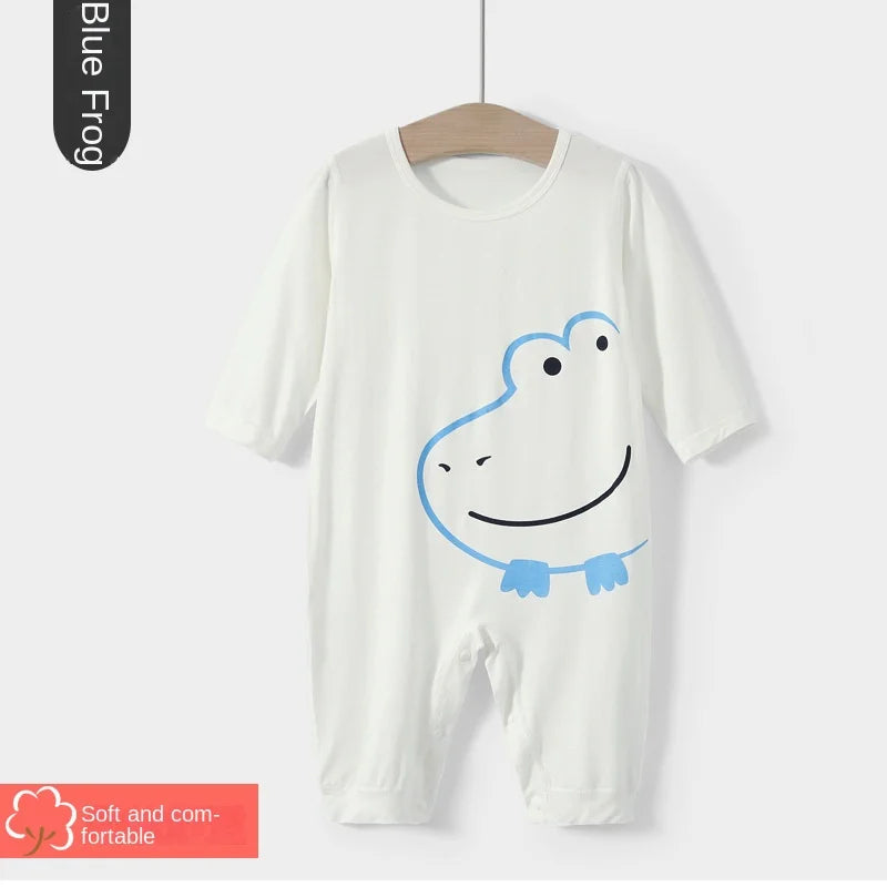 Boys and Girls' Pajamas Thin Air-conditioned Clothes Cartoon Animal Print One Piece Thin Long-sleeved Baby Spring and Autumn