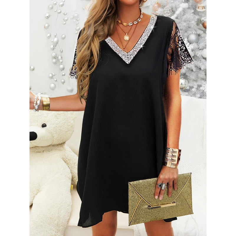 Deep V Neck Autumn Silver Sequined Lace Sexy Dress Women Off Shoulder Mini Christmas Party Club Vestidos