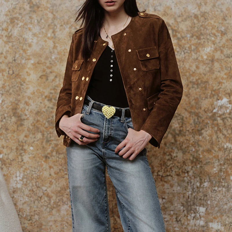 Coffee Vintage Cow Suede Jacket Spring Autumn Women Double Breasted O-Neck Straight Loose Short Leather Coats Jaqueta Feminina