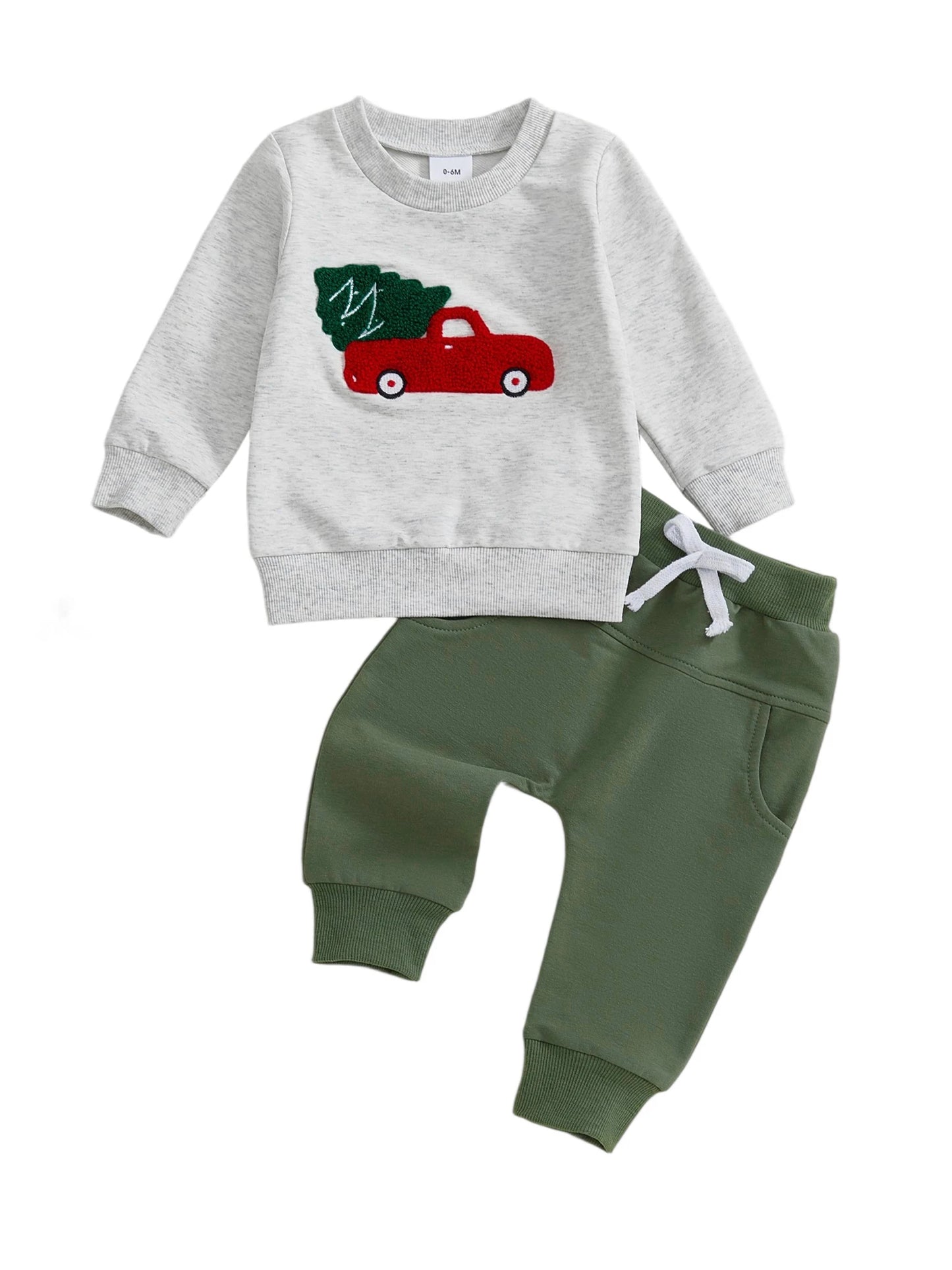 Infant Boys Winter Outfit Set with Festive Christmas Tree Embroidery Sweater and Cozy Pants for Toddlers - 2 Piece Ensemble