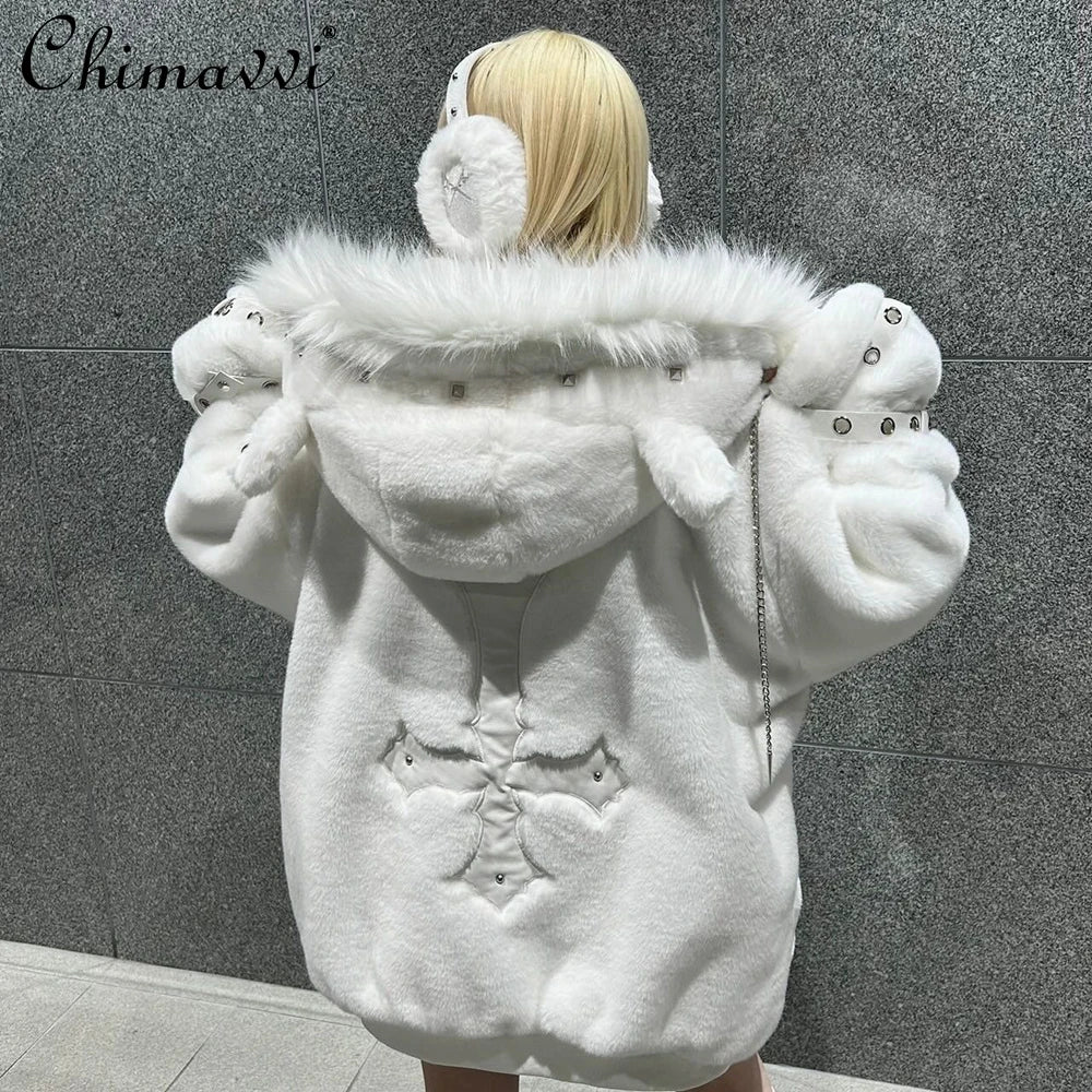 Japanese Mine Series Riveted Cross Sheep Ear Hooded Jacket Winter New Goth Punk Dark Girls Imitation Fur Plush Coat Women