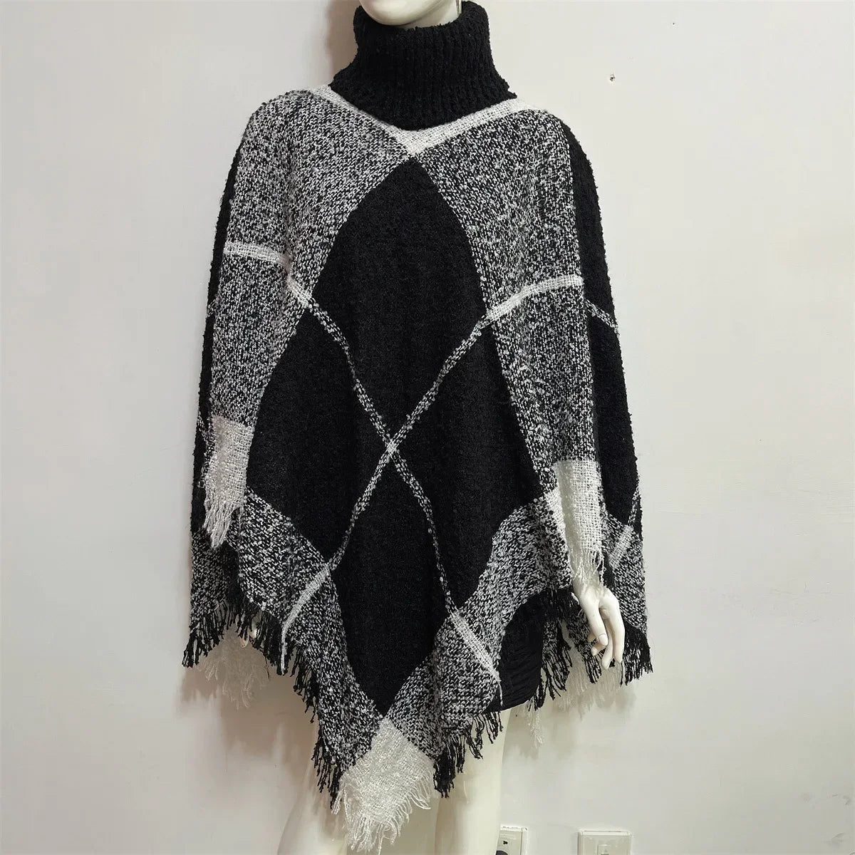 New Women Autumn Winter Striped Knitted Poncho Shawl Sweater Overcoat Streetwear Thick Warm High Neck Loose Knitwear Long Coat