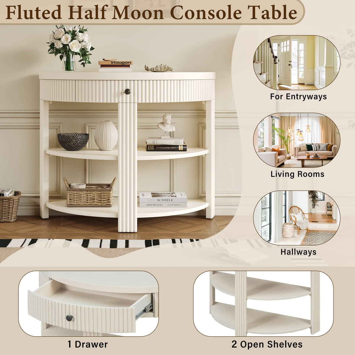 Fluted Half Moon Console Table with Drawer and 2 Shelves for Entryway,