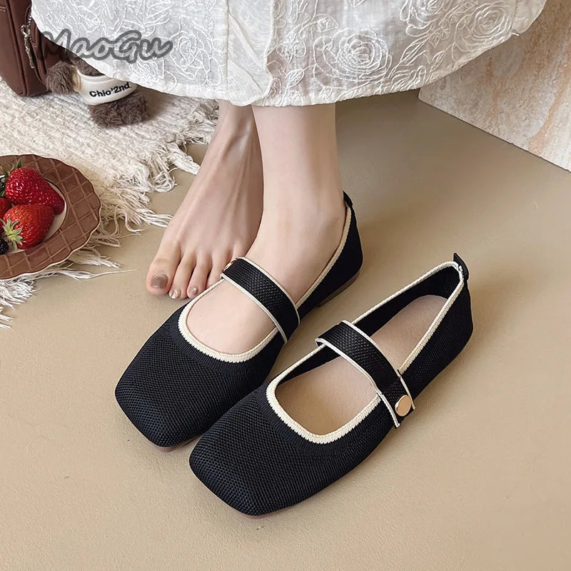 New Women's Single Shoes Fashion Square Toe Comfortable Mesh Flat Loafers Buckle Strap Woven Shoes Breathable Casual Soft Sole