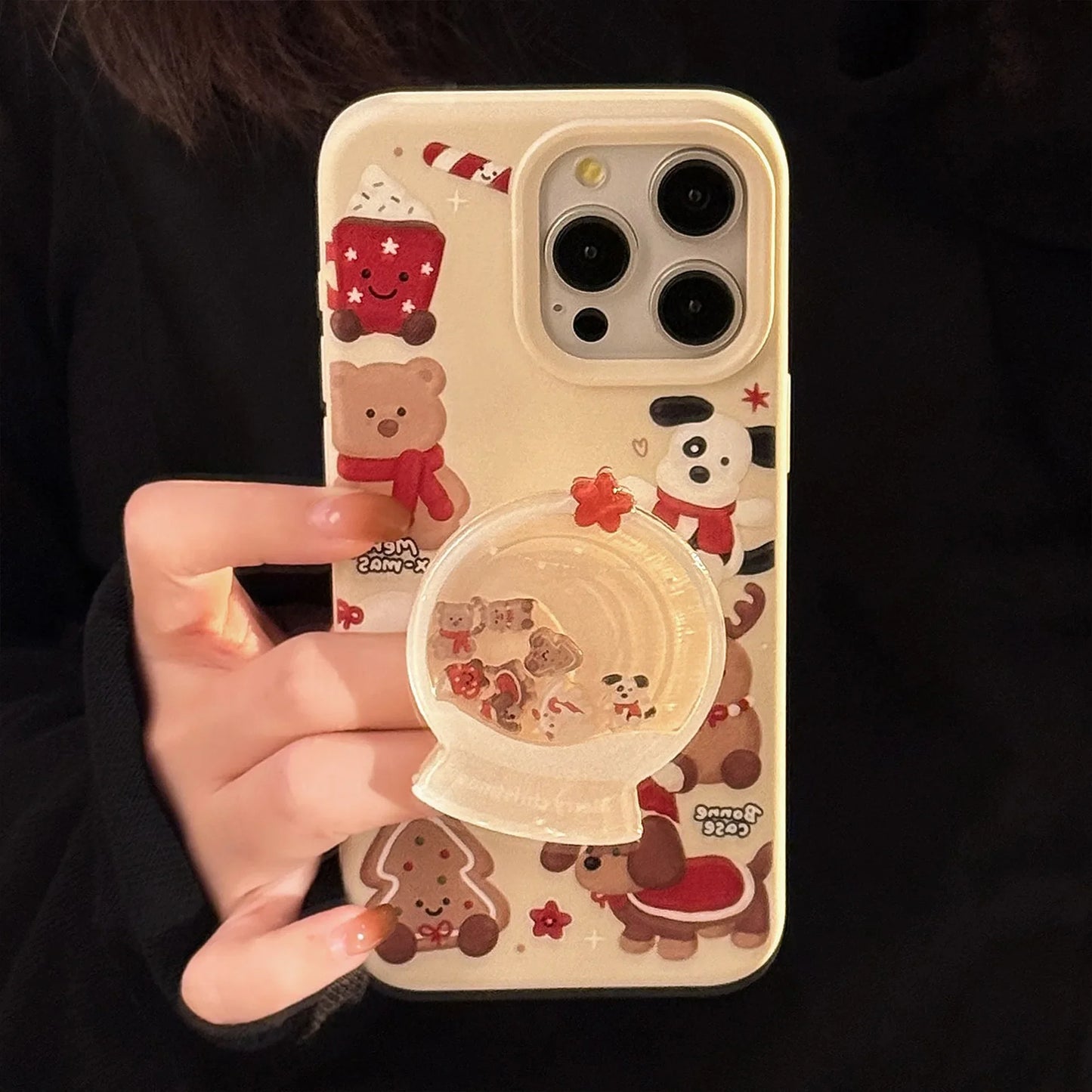 ins Cute Cartoon Doll Christmas Quicksand Shake Bracket Phone Case For iPhone 16 14 13 12 15 Pro Max Pendant Shockproof Cover