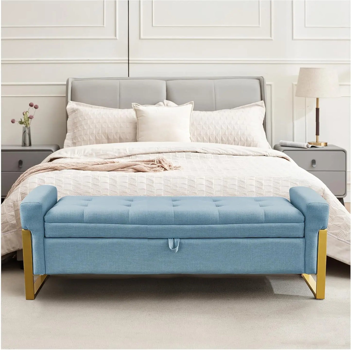 Storage Ottoman Bench, Upholstered PU Leather End of Bed Bench with Tufted Button&Gold Metal Legs for Bedroom