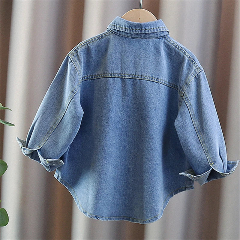 Brief Style Baby Girls Casual Vintage Blue Denim Jacket Coat Age 2 To 9 Years Old Kids Child Solid Spring Autumn Jeans Outfit