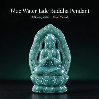 Natural A Grade Burmese Blue Water Jadeite Pendant Hand Carved Sakyamuni Buddha Amulet Jade Buddha Necklace Charm Jewelry Gift