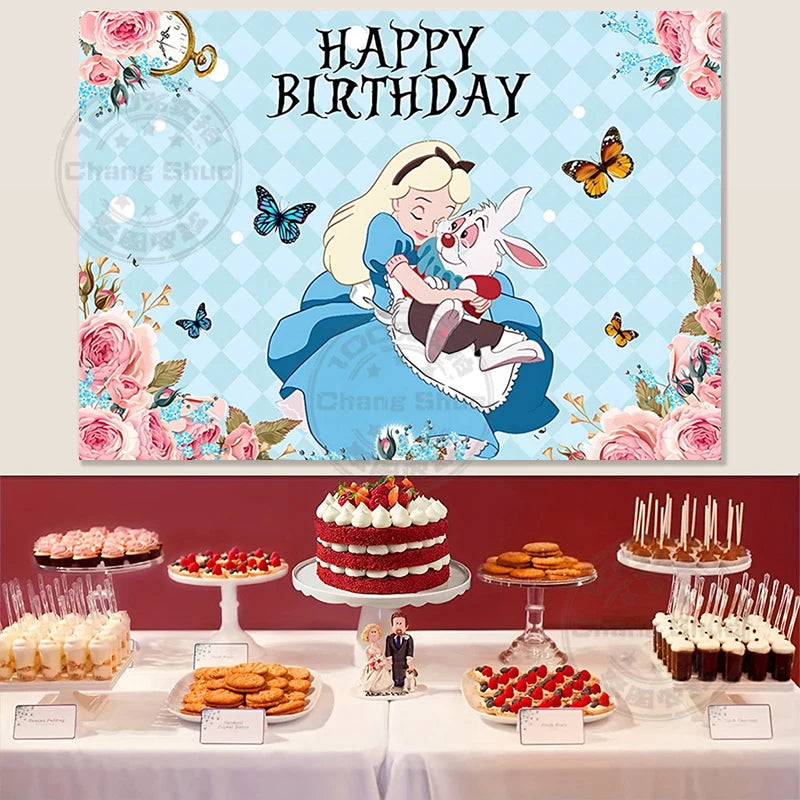 Tea Party Background Princess First Birthday Party Decorations Card Magic Rabbit Alice in Wonderland Baby Shower Photo Backdrop