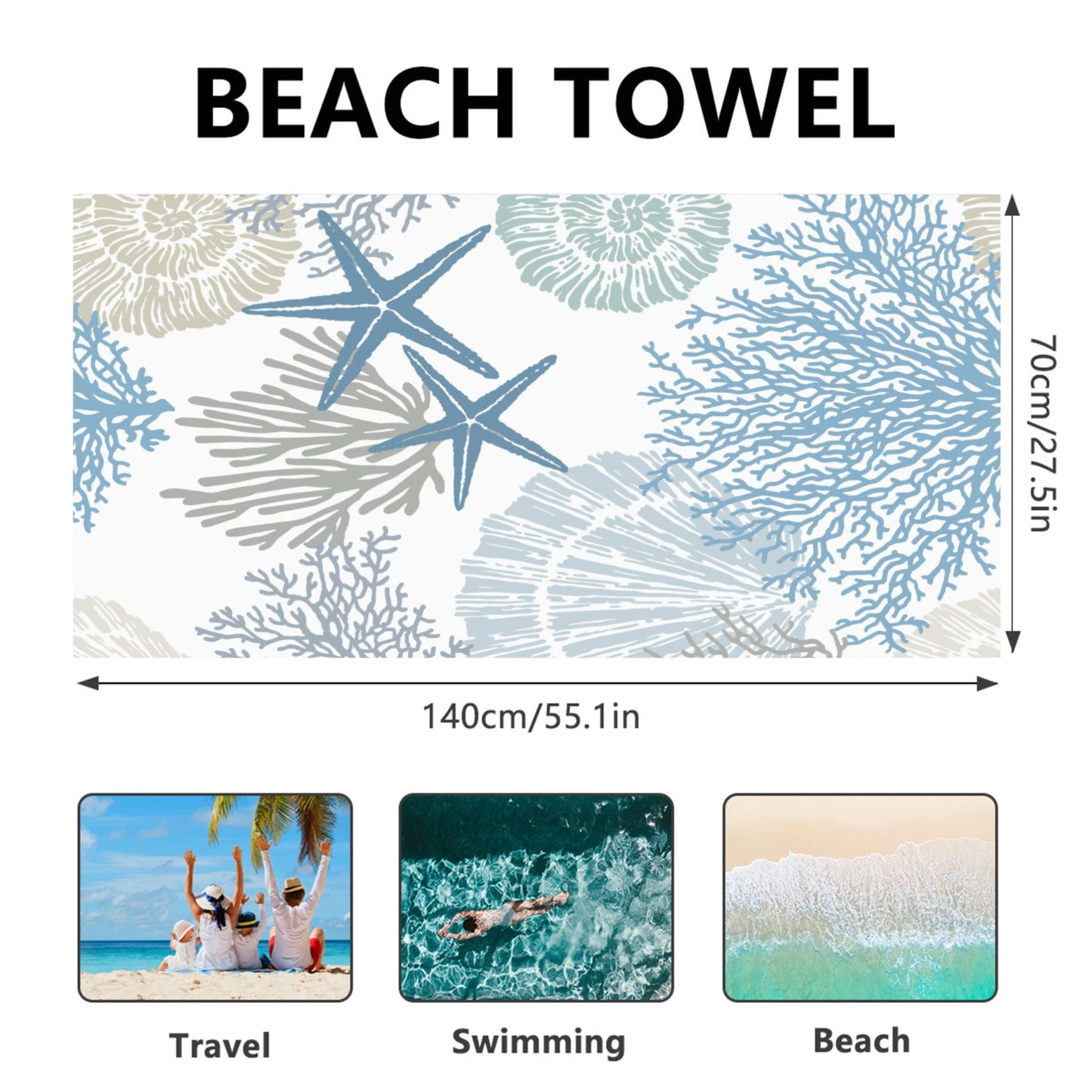 1PC Starfish Beach Towel Sea Side Pool Towel Holiday Birthday Gifts For Adult Quick-Drying Bath Towels Sea 70x140cm 140x180cm