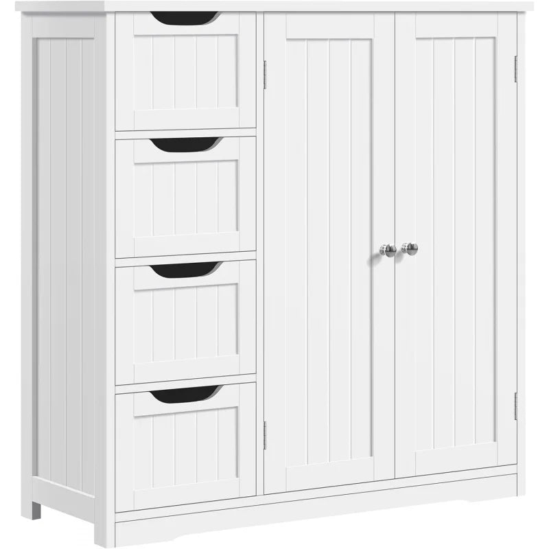 Wooden Bathroom Floor Cabinet, Side Storage Organizer Cabinet with 4 Drawers & Double Doors, Freestanding Entryway Sto