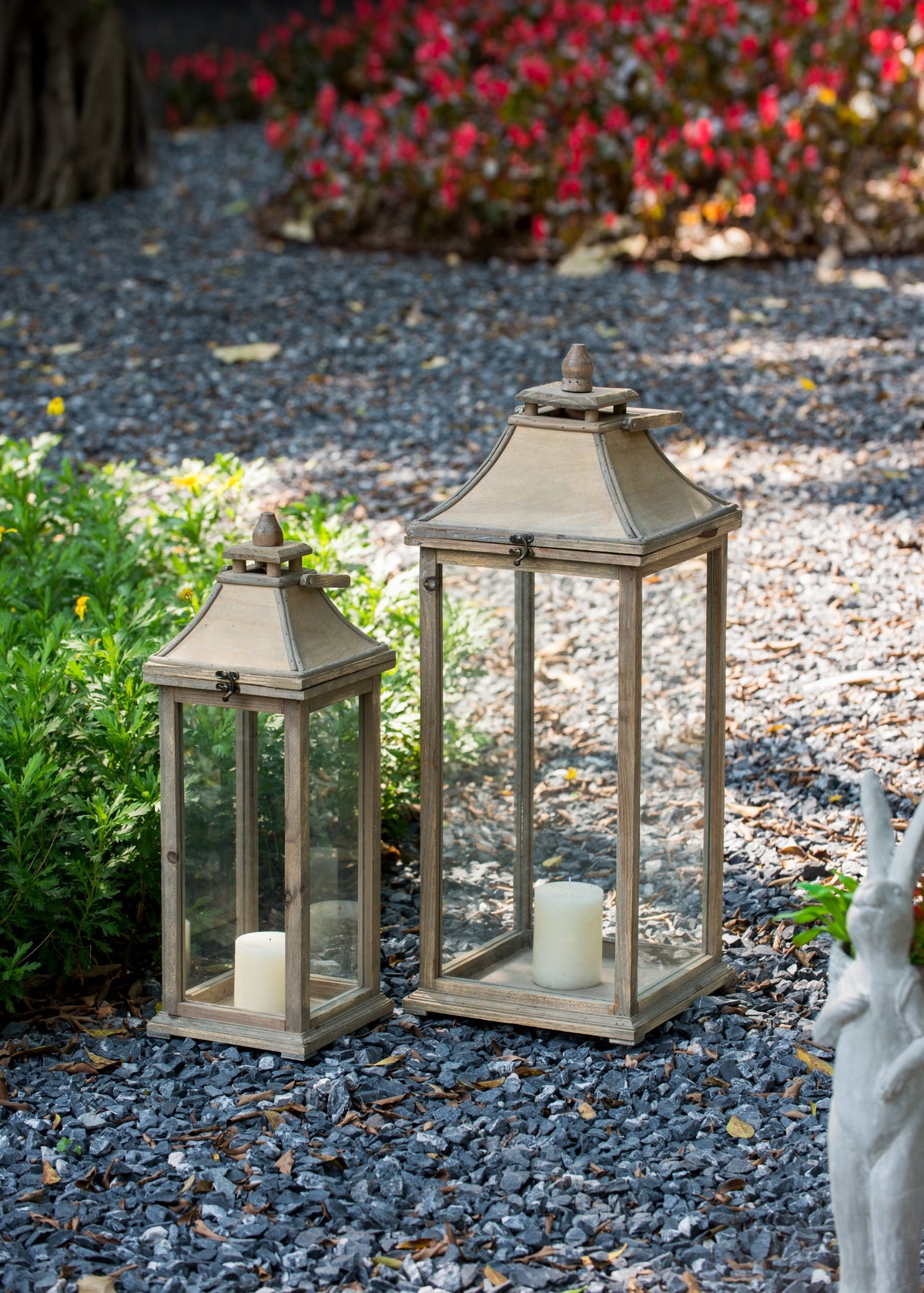 Set of 2 Ivory Wood & Glass Candle Lanterns
