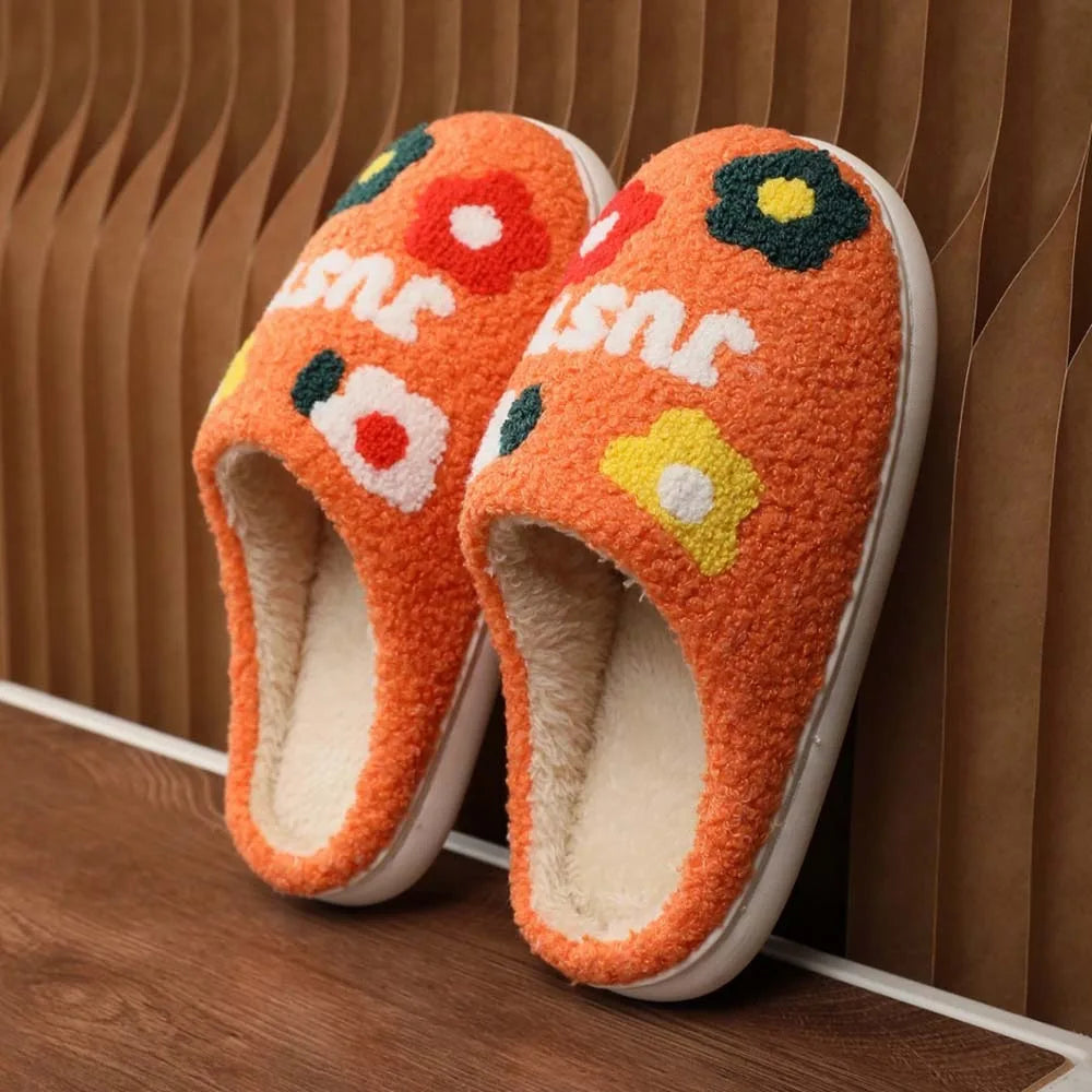 Soft Flowers Cotton Slippers Fluffy Slides Thickened Winter Warmer Slippers Cartoon Green Haired Warm Home Cotton Shoes Men