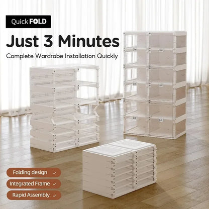 Foldable Shoe Rack for Closet: Plastic, Clear, Space-Saving Stackable Organizer with Magnetic Door, 8-Tier, 16-Pair Capacity